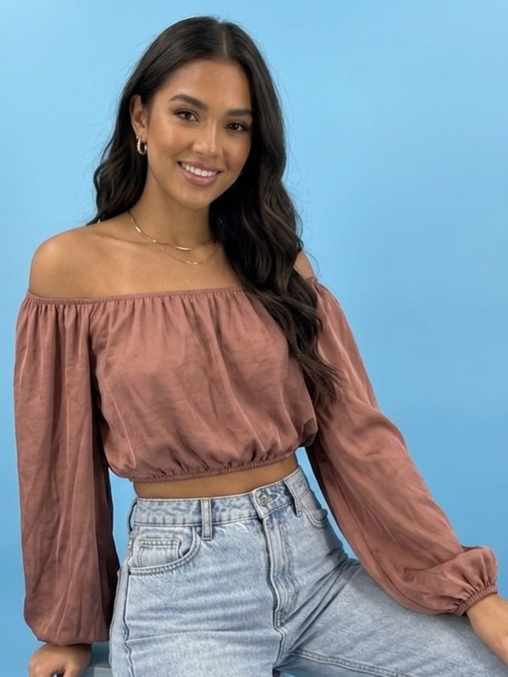 Mauve Dusty Rose Off The Shoulder Crop Top Elastic Hem Long Balloon Sleeve